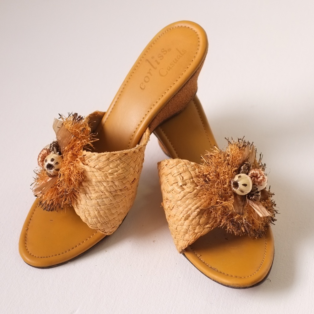 vintage cork wedges raffia sandals | 1970s sandals